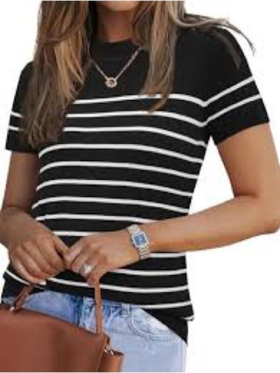 Arach & Cloz Tops - Arach & Cloz Black and White Stripe Short Sleeve Sweater
